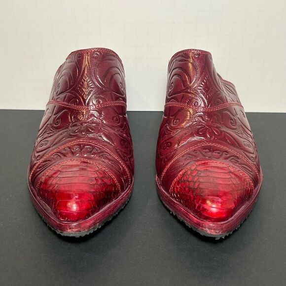 Womens SALPY Dallas Red Hand Tooled Snakeskin Slip On Mules / Size 5.5 - Picture 2 of 8